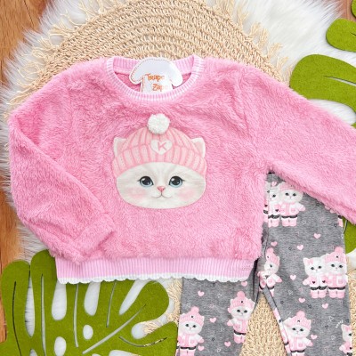 Conj. Casaco em Pelo Carneirinho Gatinha com Gorro e Calça Legging - Rosa